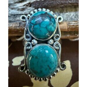 Tibetan Turquoise 925 Sterling Silver Ring Double Stone size 6 Adjustable